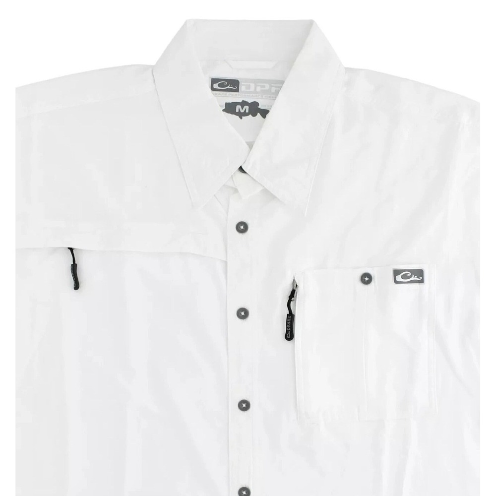 Drake‎ Waterfowl DPF Fishing Shirt Mens Med White Short Sleeve Vented Button Up